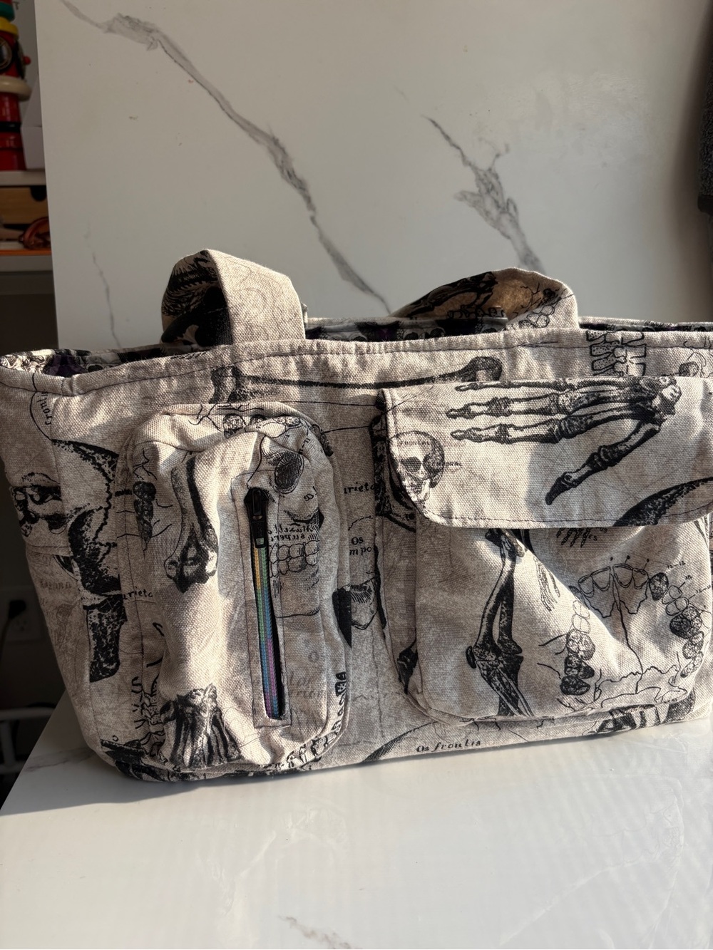 NWOT Anatomical skeleton skull print canvas utility tote halloween emo bag purse
